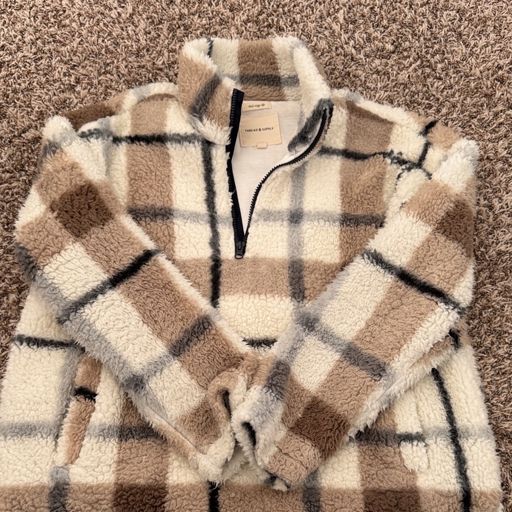 Thread & Supply Fleece Quarter-Zip in Cream and Gray
